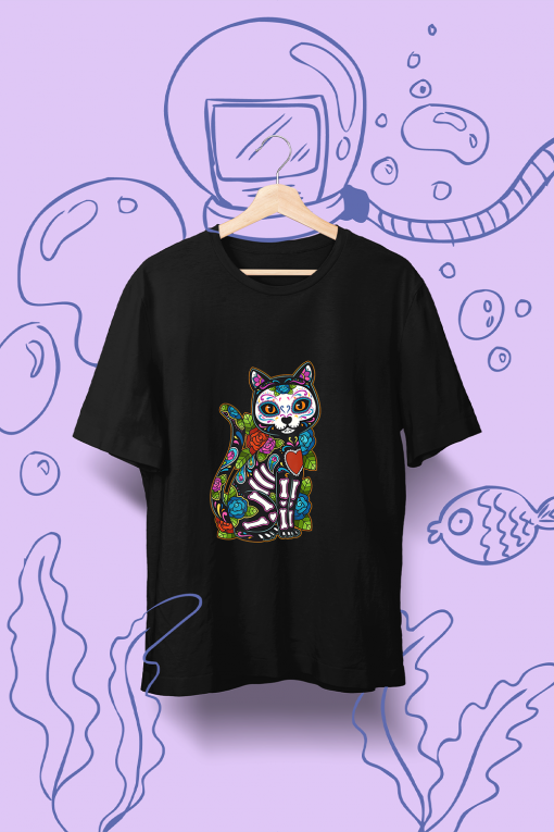 Cat Sugar Skull Mexico Calavera Dia De Los Muertos Halloween T-Shirt
