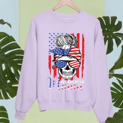 All American Mama USA Flag Messy Bun Skull T-Shirt