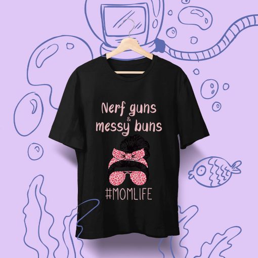 Nerf Guns And Messy Buns Funny Momlife Shirt Leopard T-Shirt