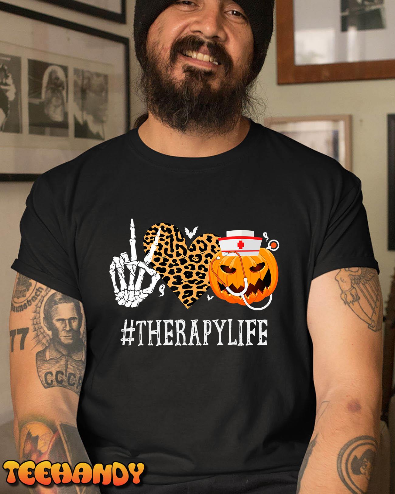 Therapy Peace Love Pumpkin Funny Halloween Leopard T-Shirt