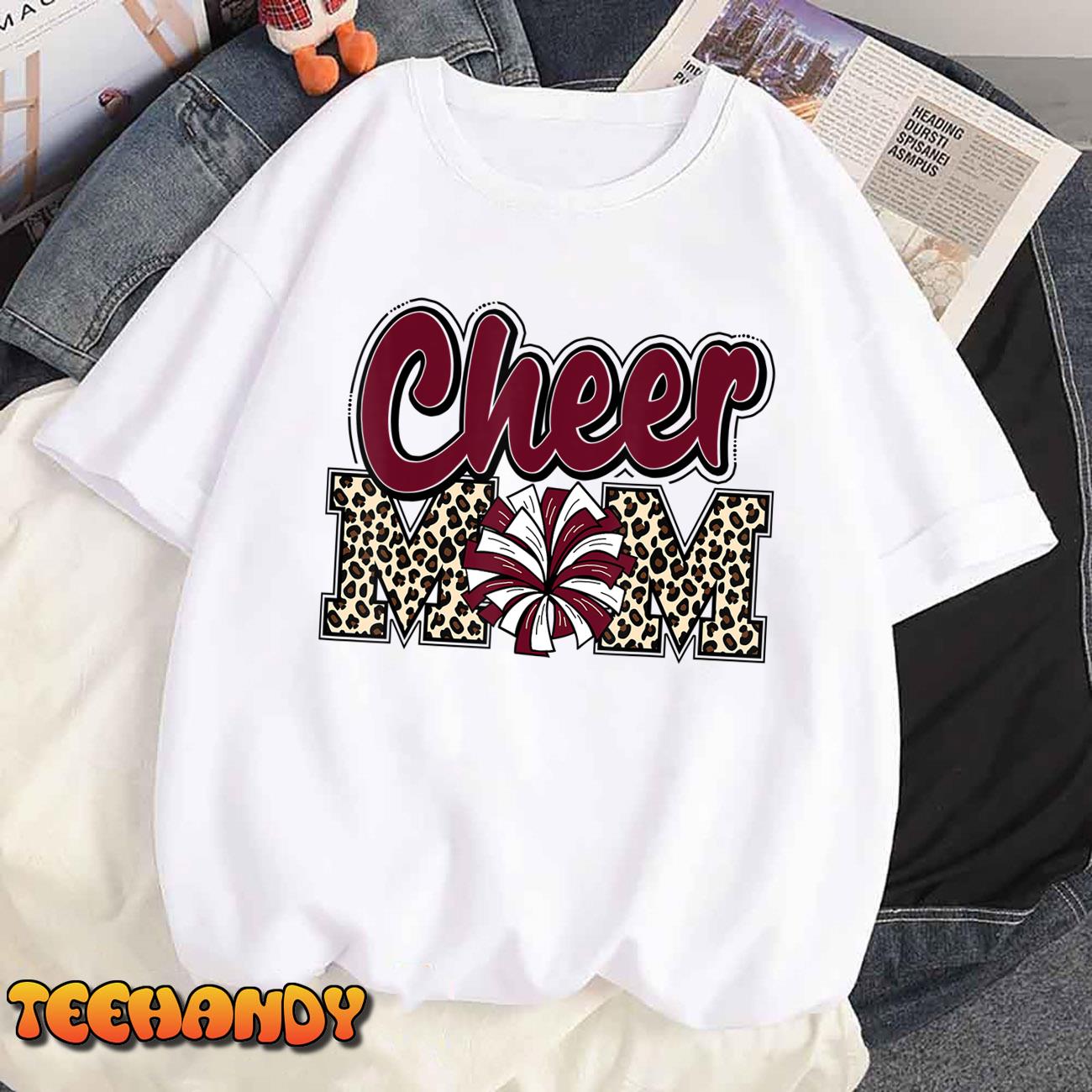 Cheer Mom Maroon Leopard Letters Cheer Pom Poms T-Shirt