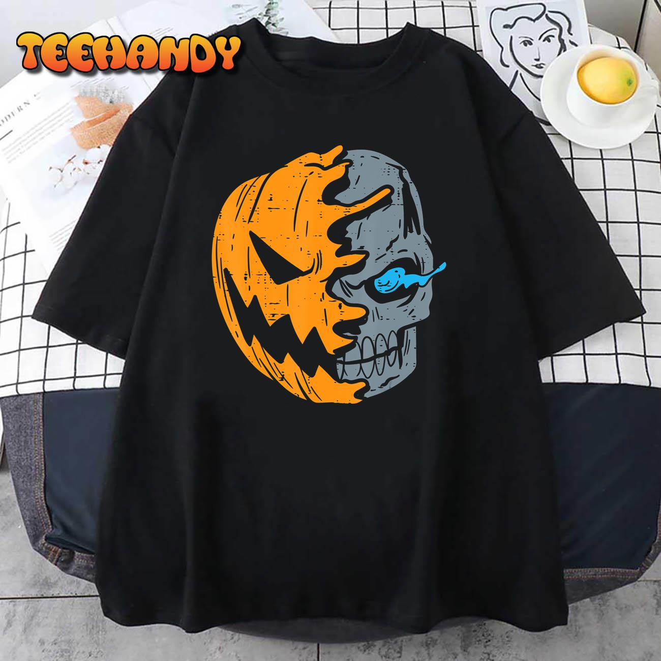 Half Skull Pumpkin Face Cool Scary Jack O Lantern Halloween T-Shirt