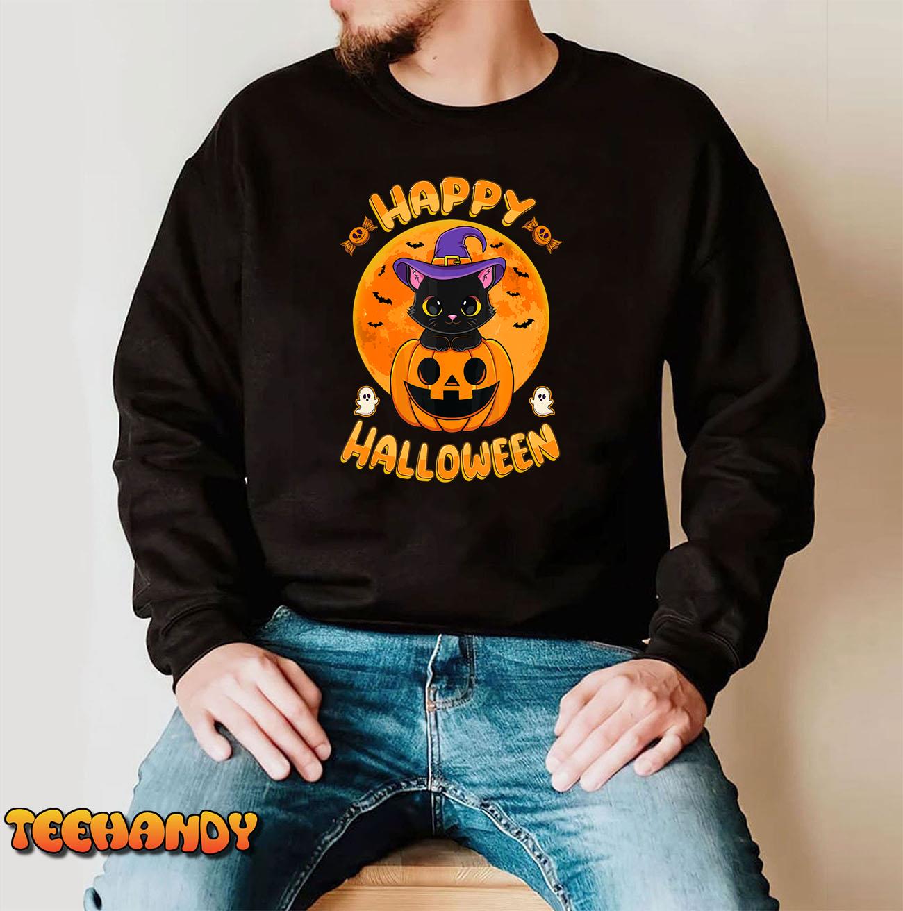 Halloween Black Cat Witch Hat Pumpkin For Kids Girls Boys T-Shirt
