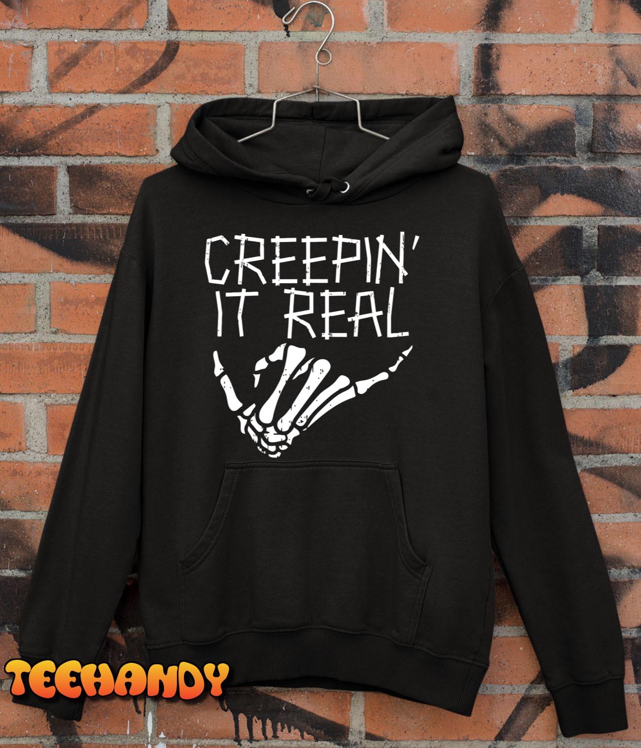 HALLOWEEN CREEPIN’ IT REAL Skeleton Hand Hang Loose Funny T-Shirt