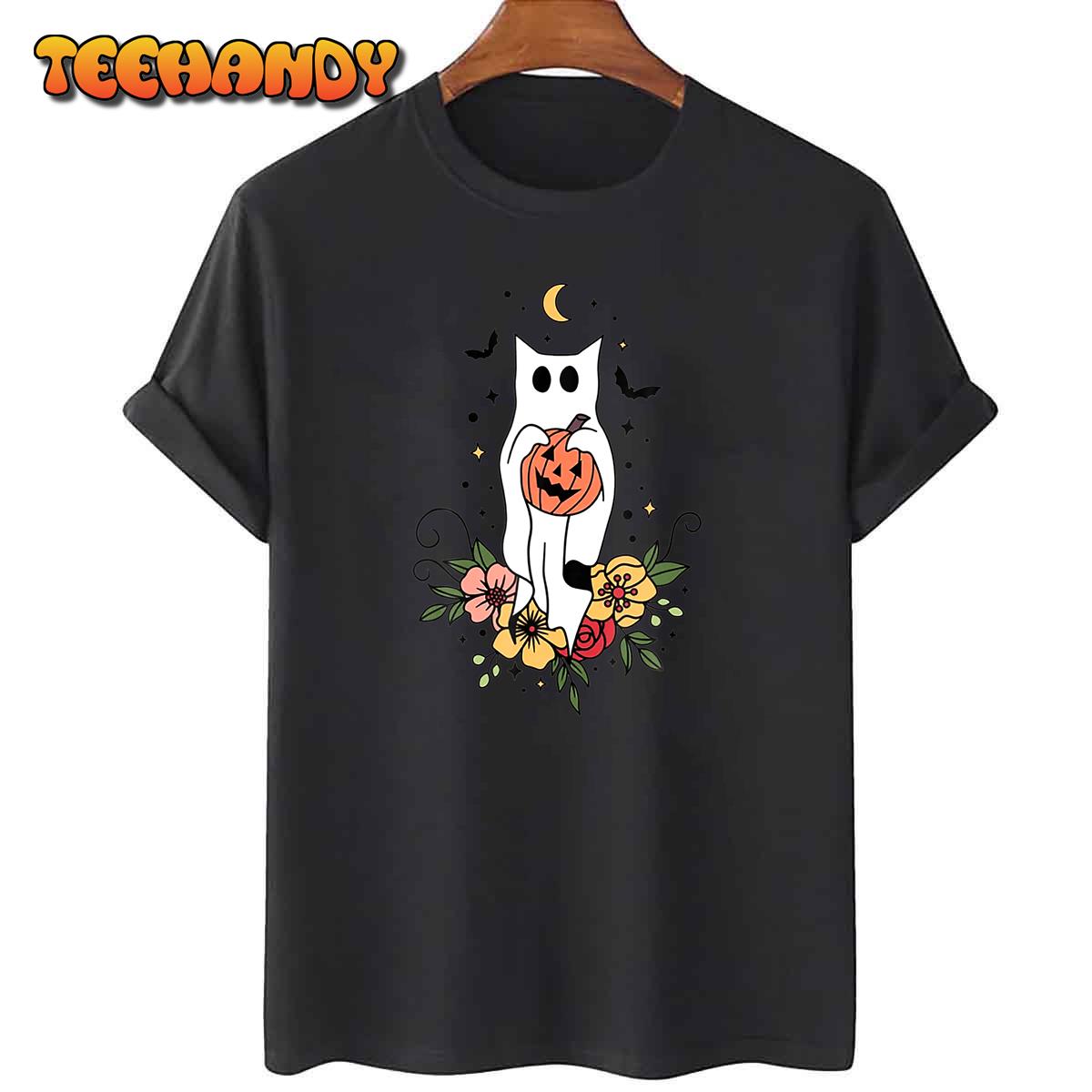 Halloween Ghost Cat Scary Pumpkin Floral Cat Lover T-Shirt