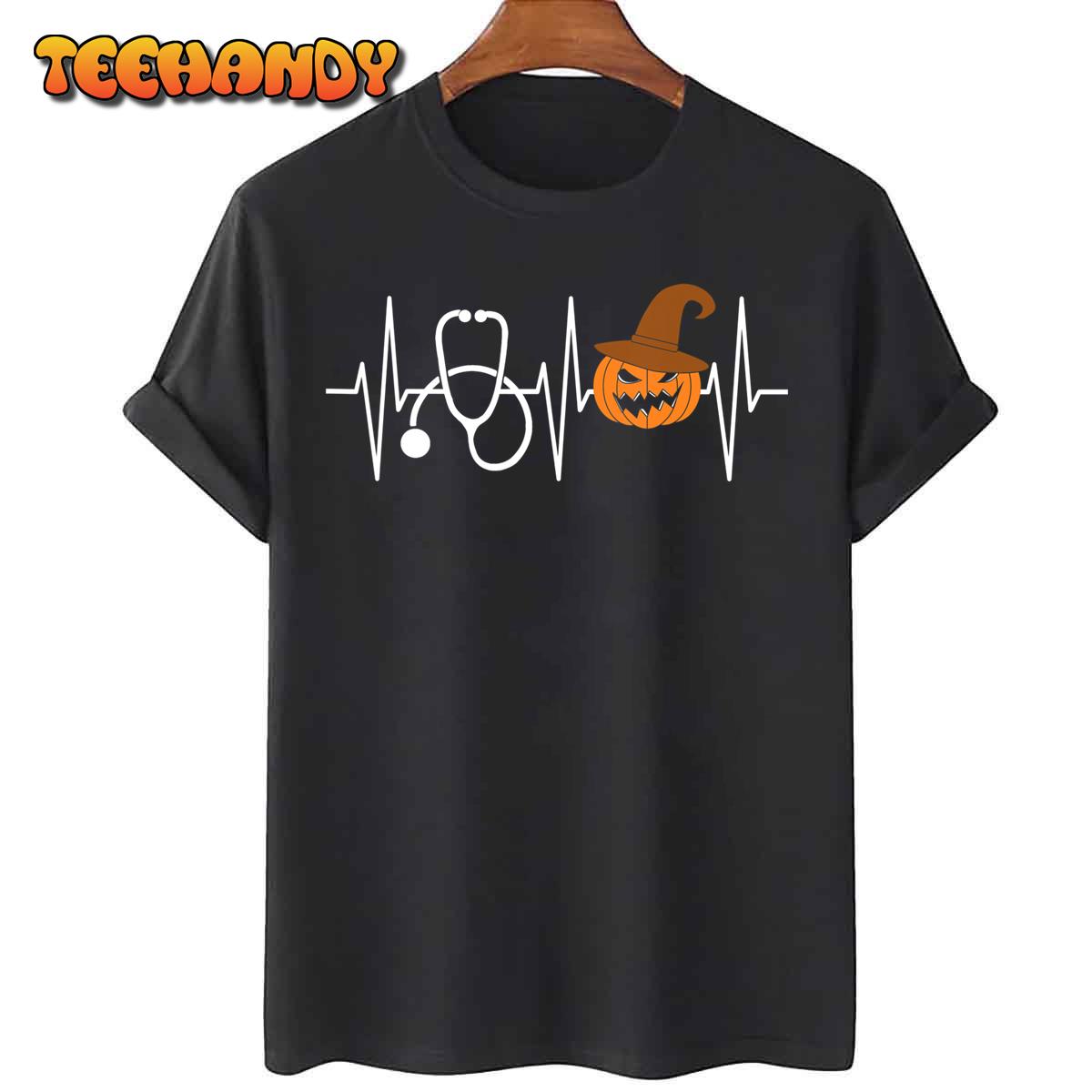 Halloween Nurse Shirt Heartbeat Pumpkin Stethoscope Nursing T-Shirt