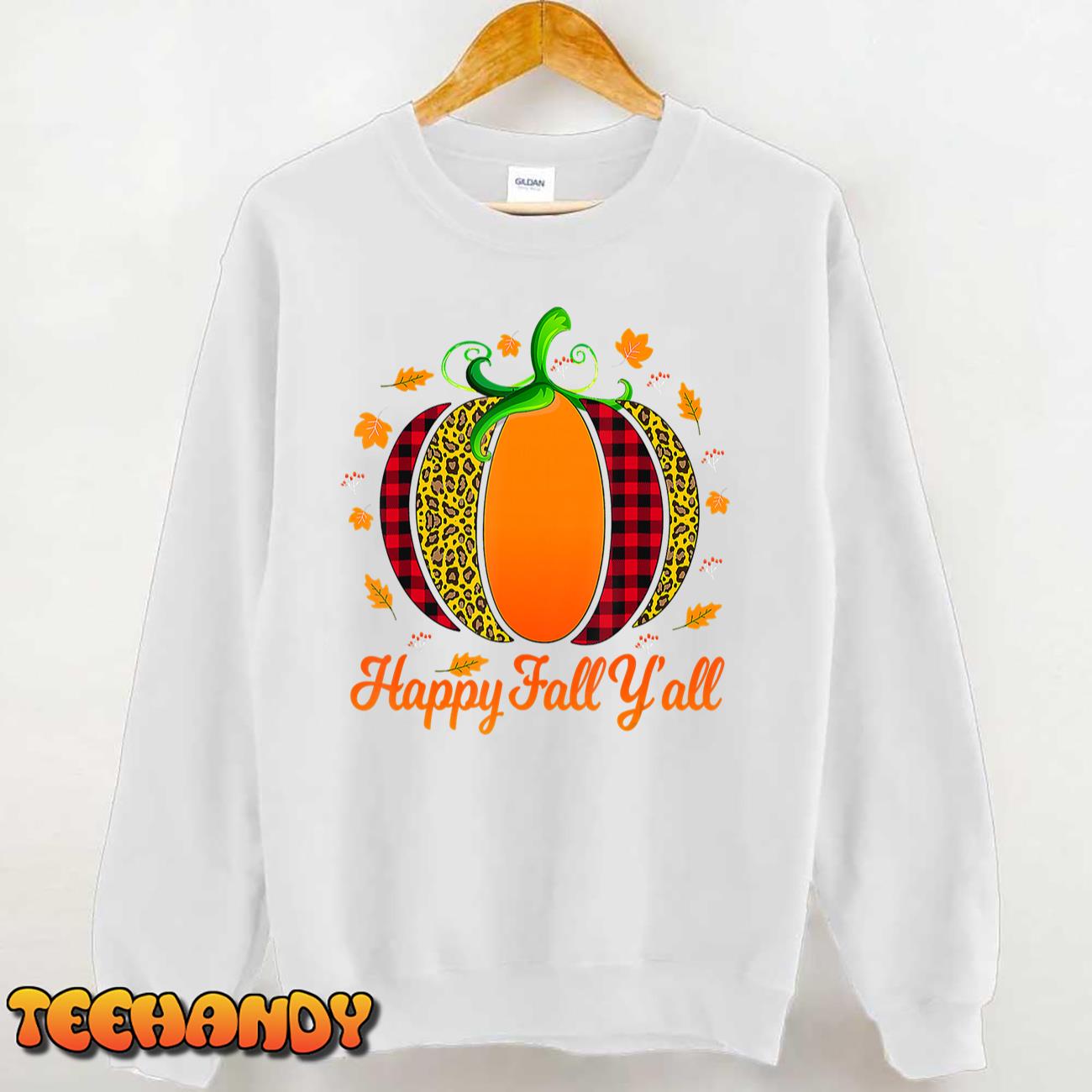 Happy Fall Y’all Shirt Women Men Pumpkin Leopard Cute Autumn T-Shirt