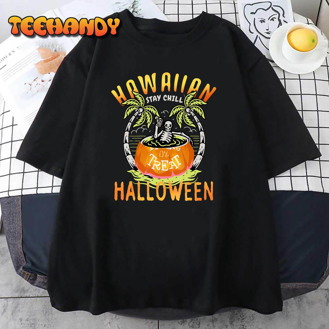 Hawaii Skeleton Chilling Trick treat Pumpkin Halloween 2022 T-Shirt