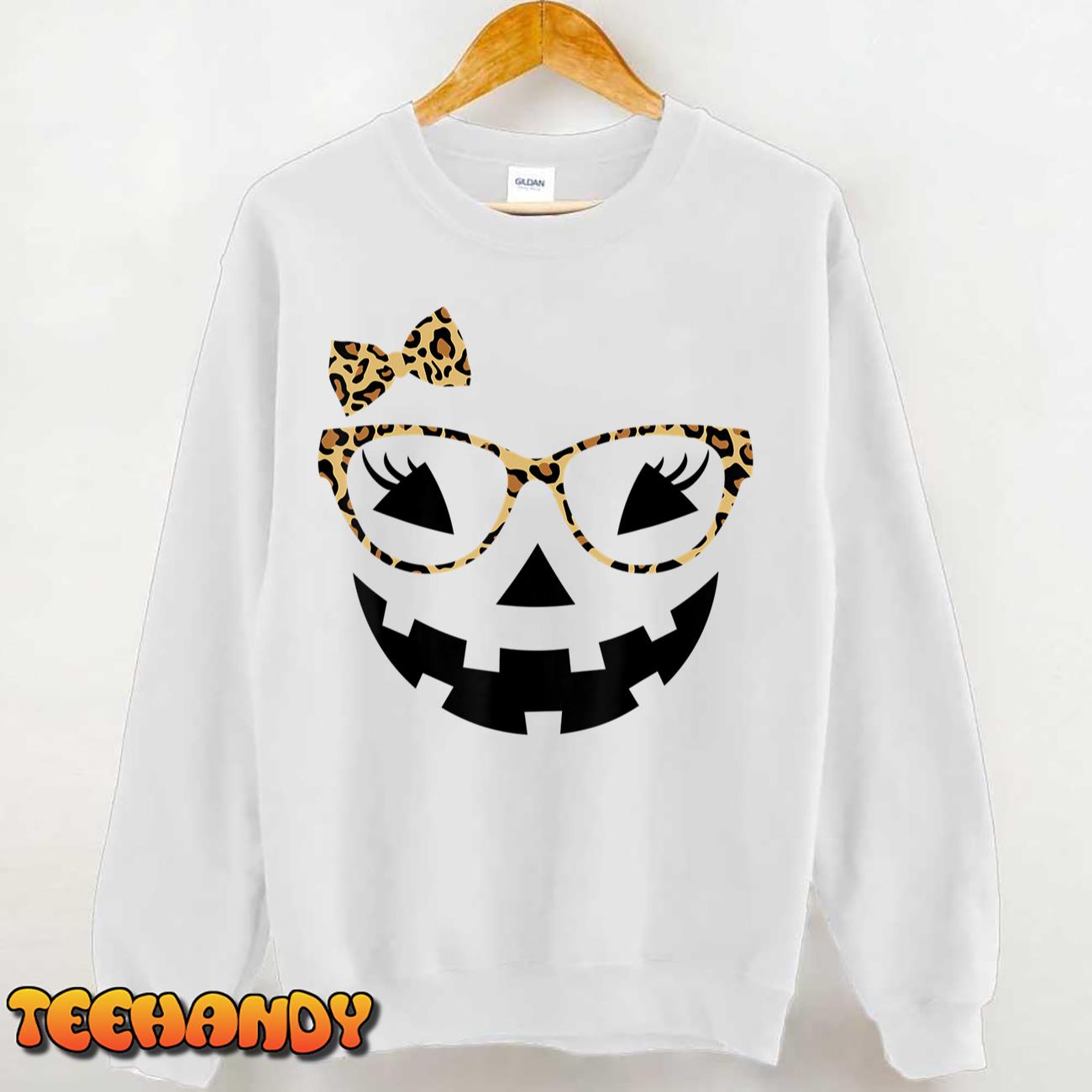 Jack O Lantern Face Leopard Glasses Halloween Pumpkin Women T-Shirt