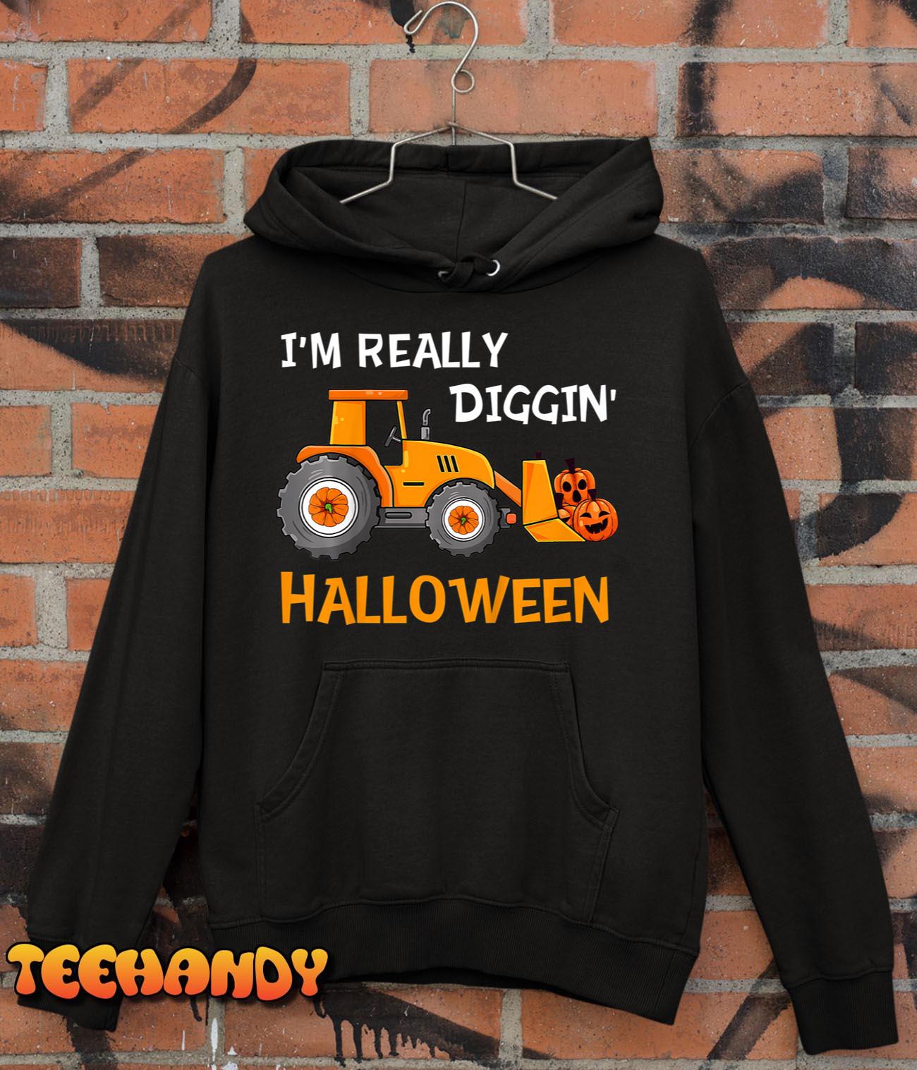 Kids Diggin Halloween Pumpkin Tractor Jack O Latern Toddlers Boys T-Shirt