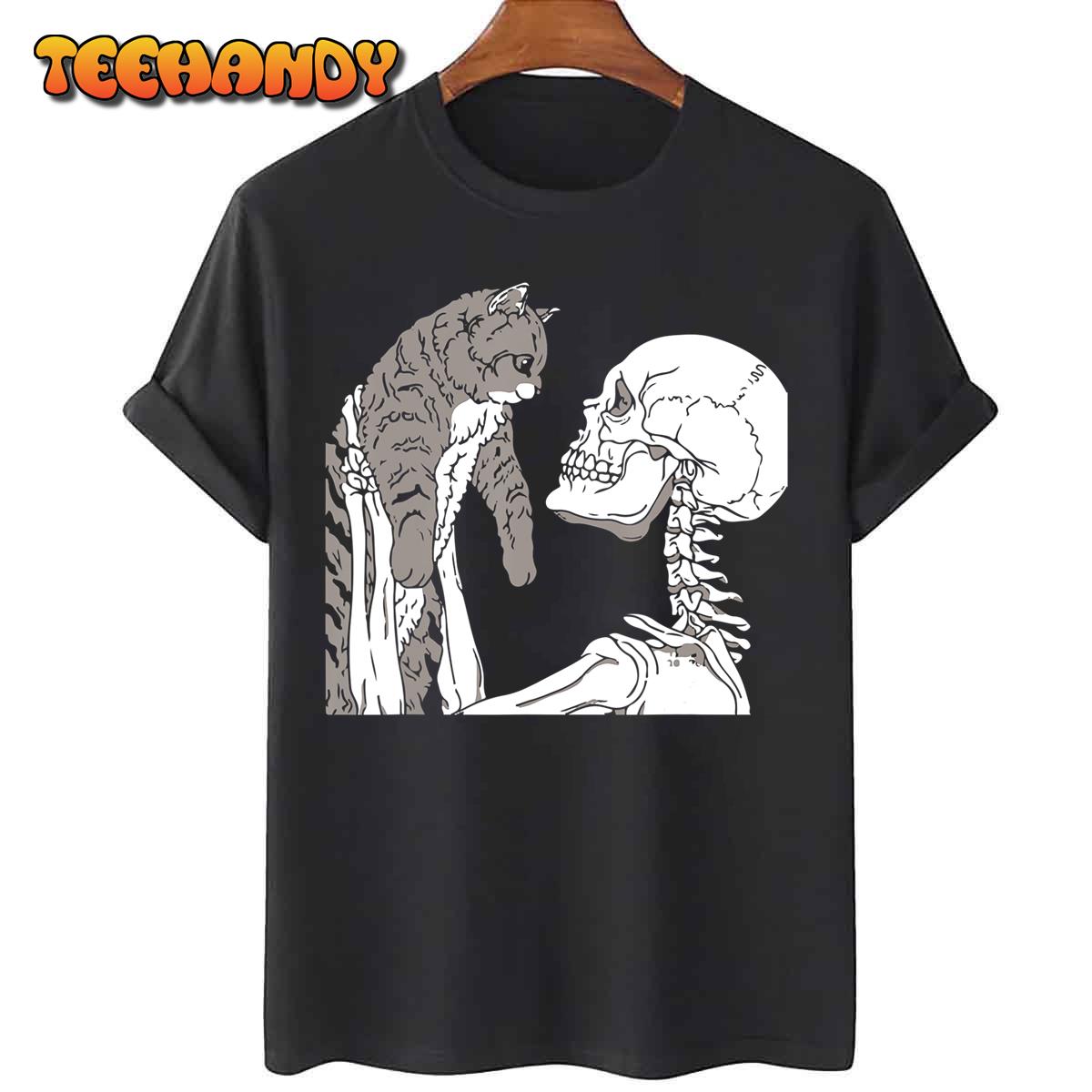 Skeleton Holding A Cat Shirt Lazy Halloween Costume Skull T-Shirt