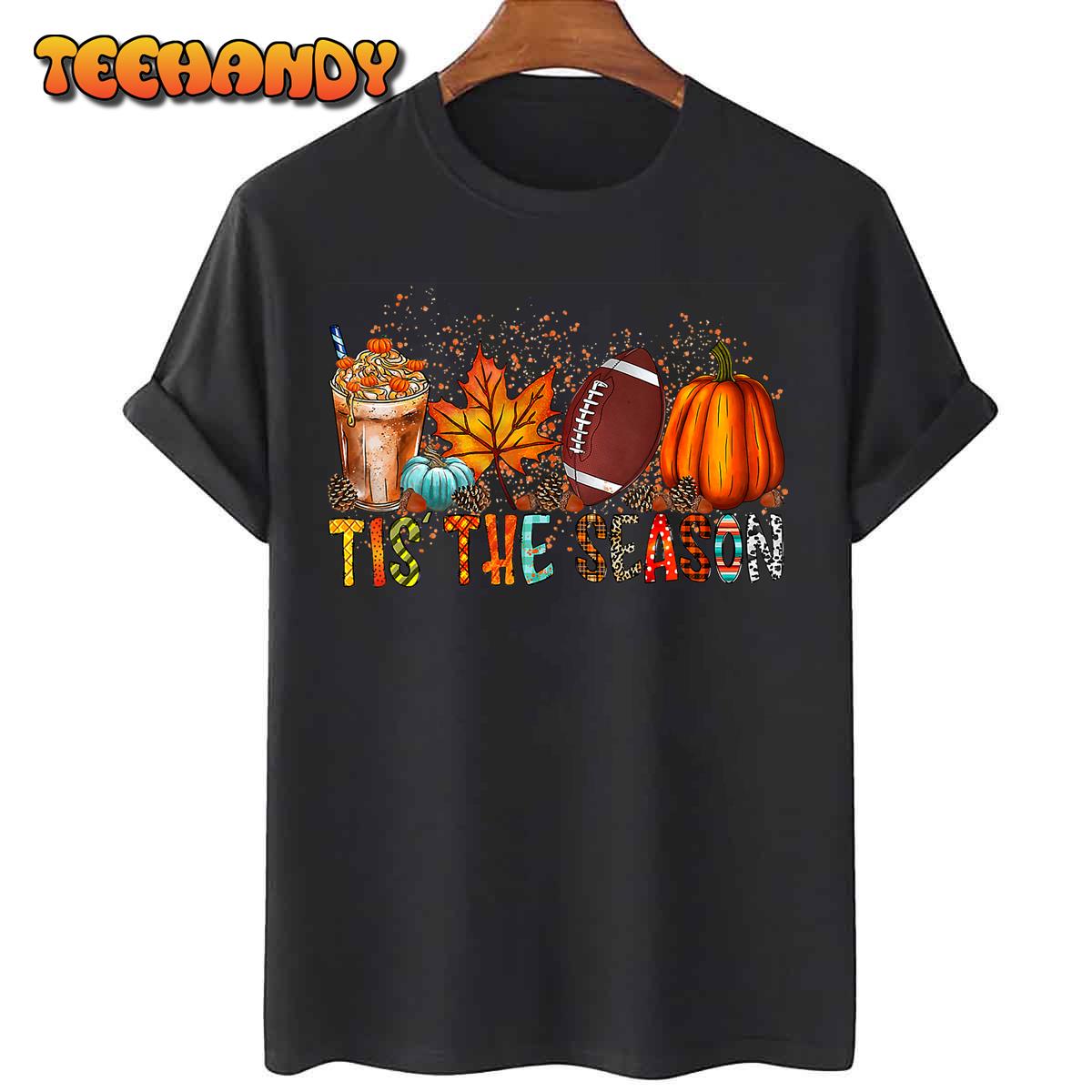 Tis’ The Season Leopard Pumpkin Football Halloween Fall T-Shirt