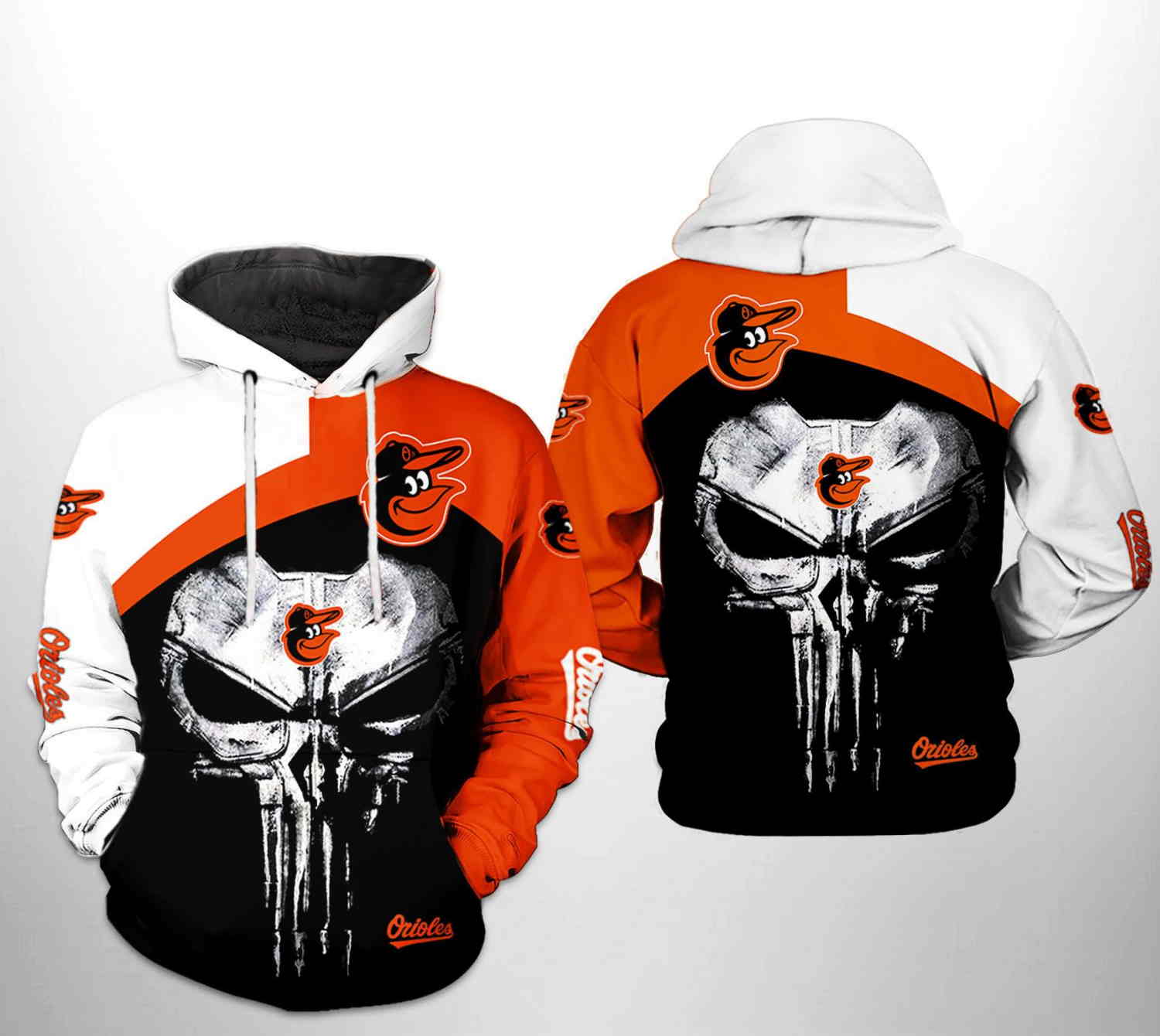 Baltimore Orioles MLB Skull Punisher 3D Hoodie Zipper Hoodie