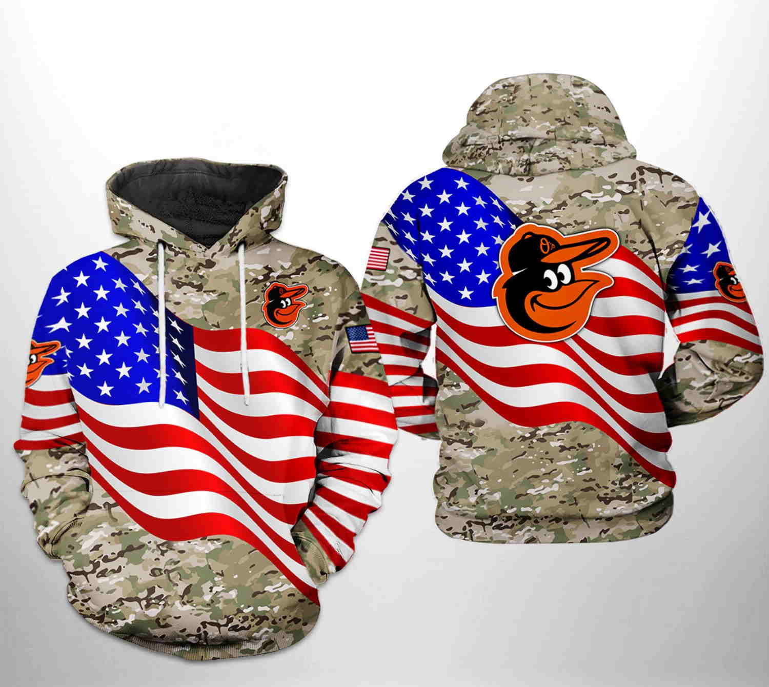 Baltimore Orioles MLB US Flag Camo Veteran 3D Hoodie Zipper Hoodie