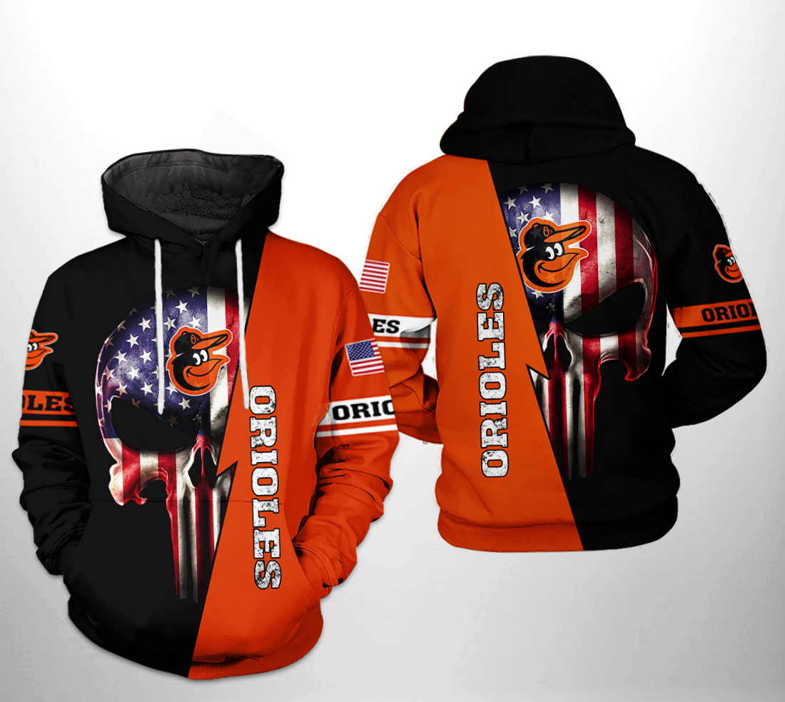 Baltimore Orioles MLB US Flag Skull 3D Hoodie