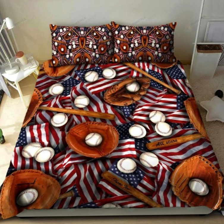 Baseball American Flag, Glove and Bat 3D Bedding Set