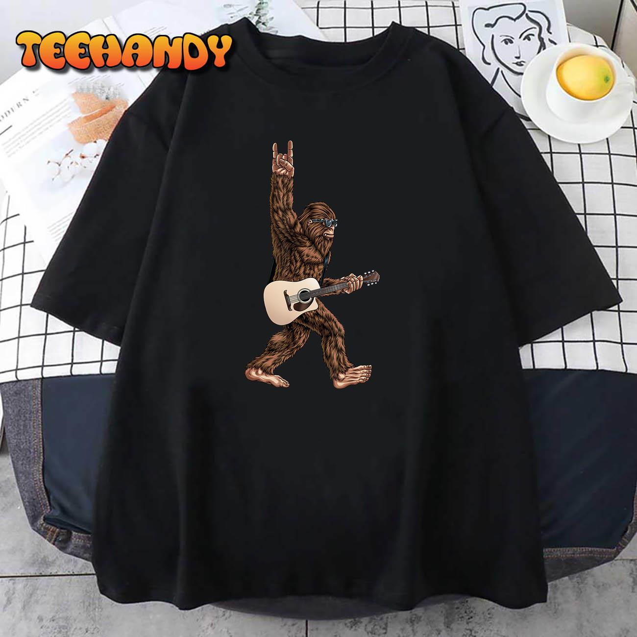 Bigfoot Playing Acoustic Guitar Rock On Sasquatch Big Foot T-Shirt