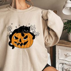 Black Cat on Pumpkin Sweatshirt Halloween Black Cat Design Unisex T Shirt