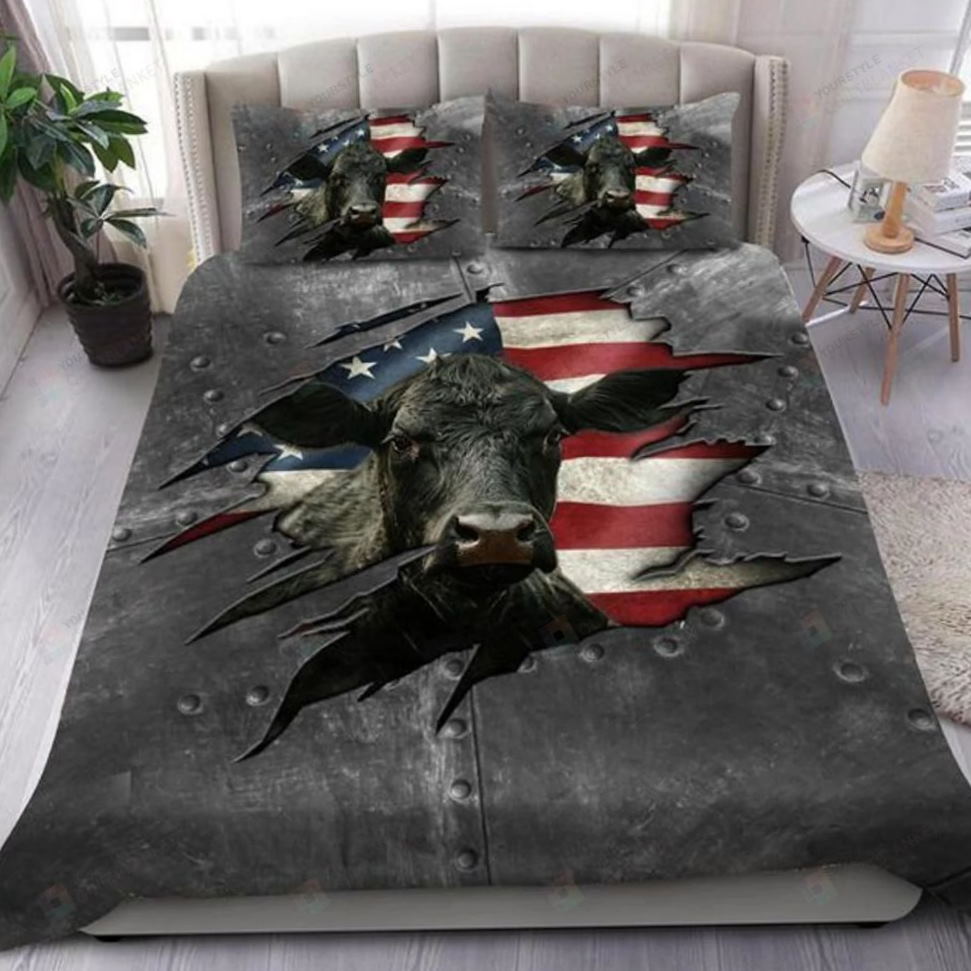 Black Cow And American Flag 3D Bedding Set