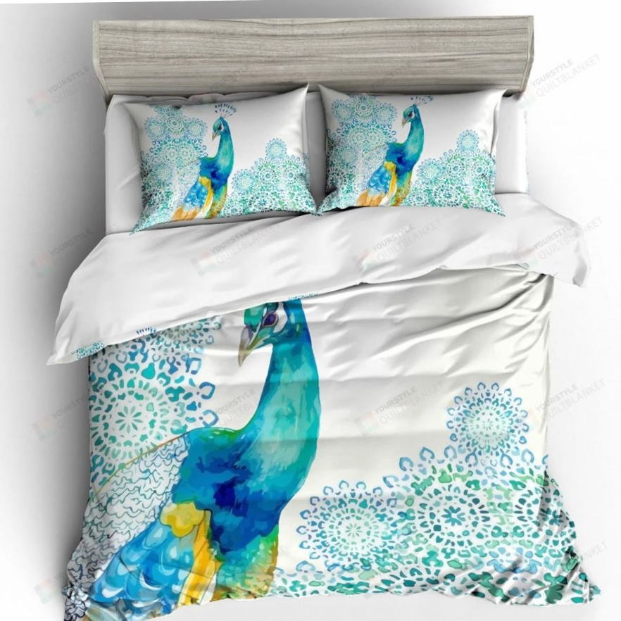 Blue Peacock Pattern All Over Printed Bedding Set