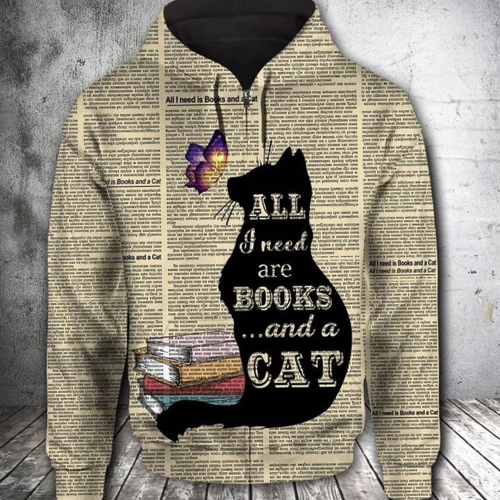 Book And Cat 3D Hoodie Zipper Hoodie