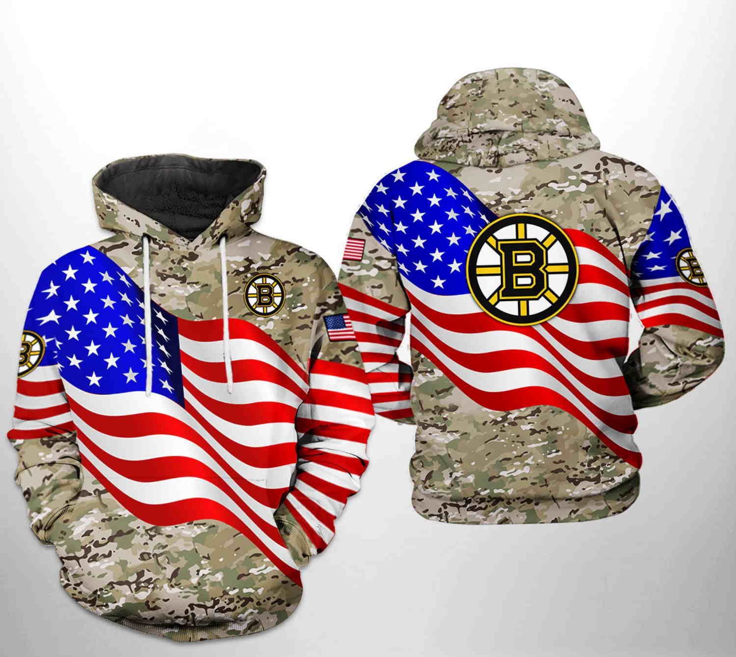 Boston Bruins NHL US FLag Camo Veteran 3D Hoodie Zipper Hoodie