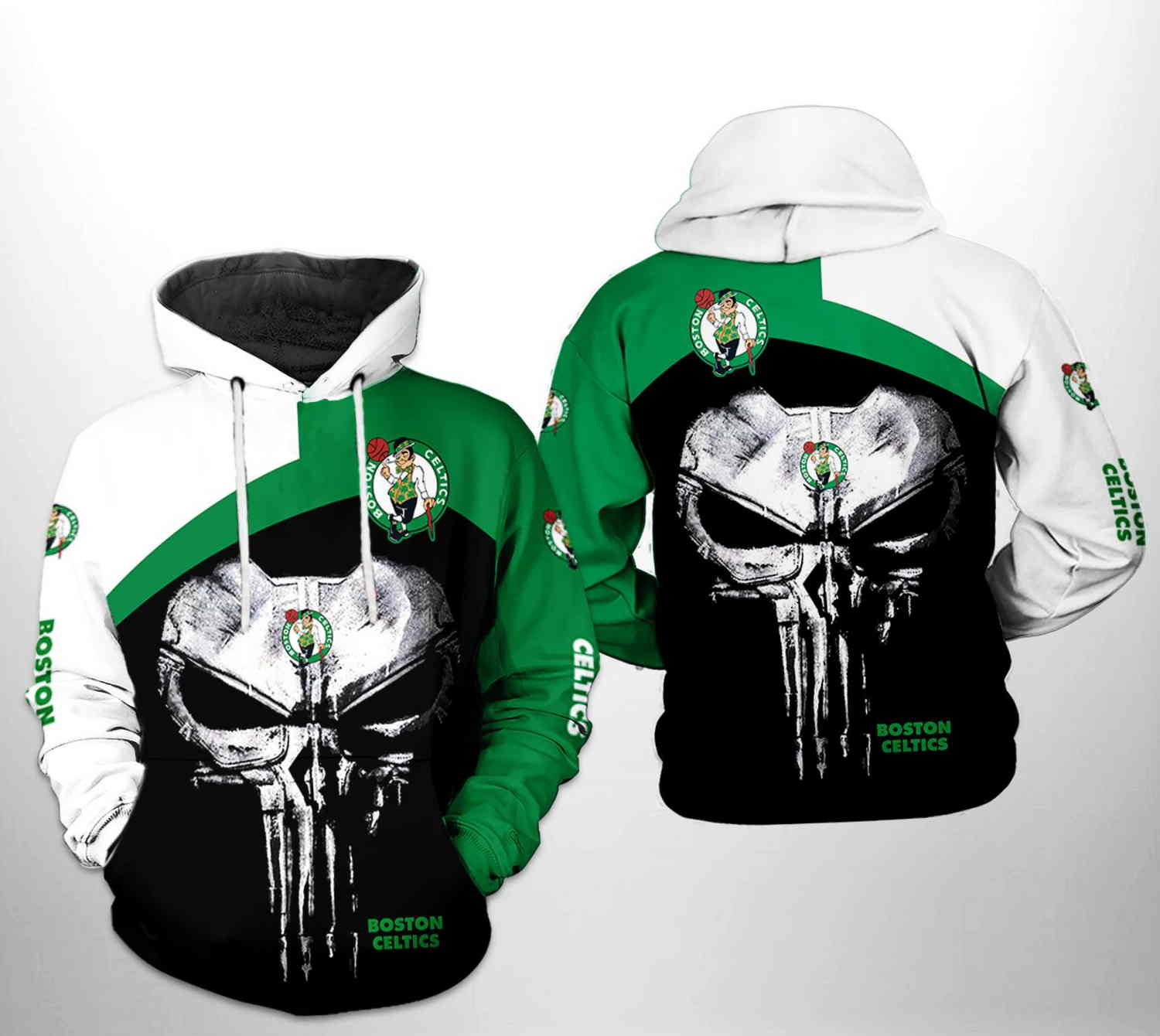 Boston Celtics NBA Skull Punisher Team 3D Hoodie Zipper Hoodie