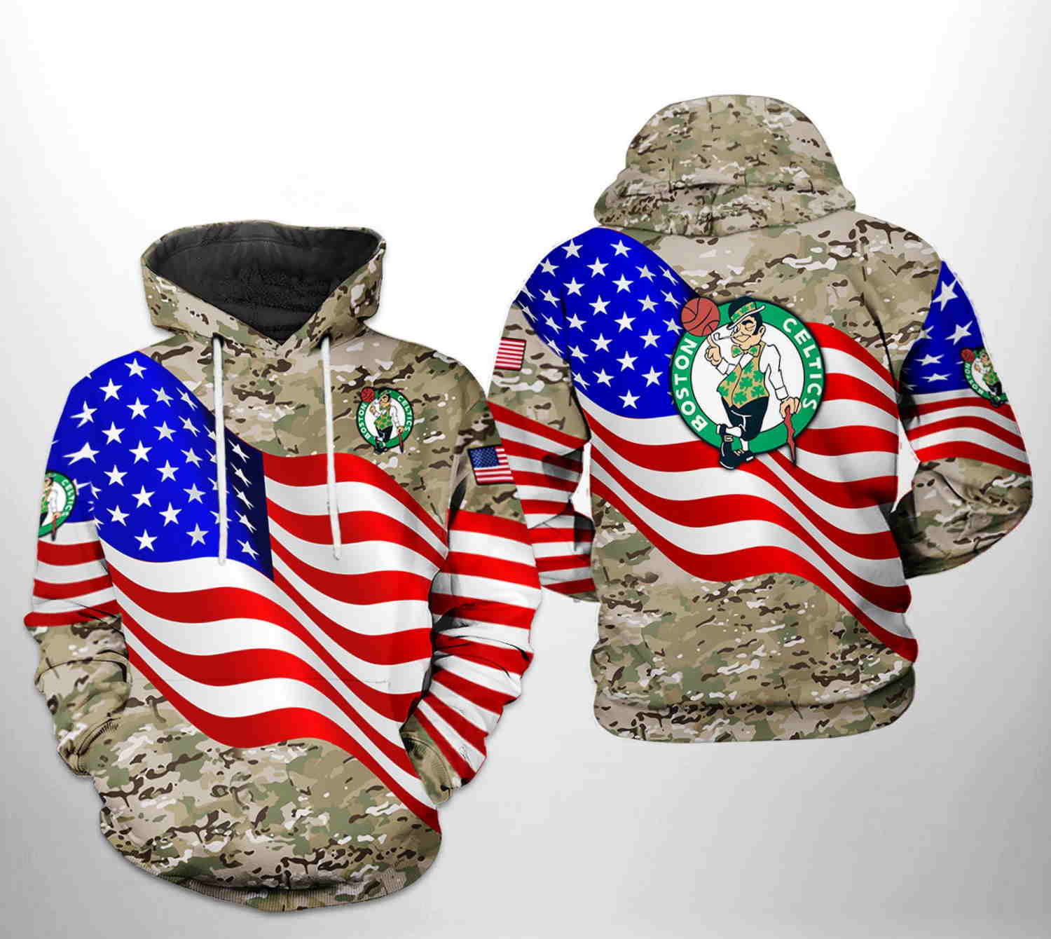 Boston Celtics NBA US Flag Camo Veteran Team 3D Hoodie Zipper Hoodie