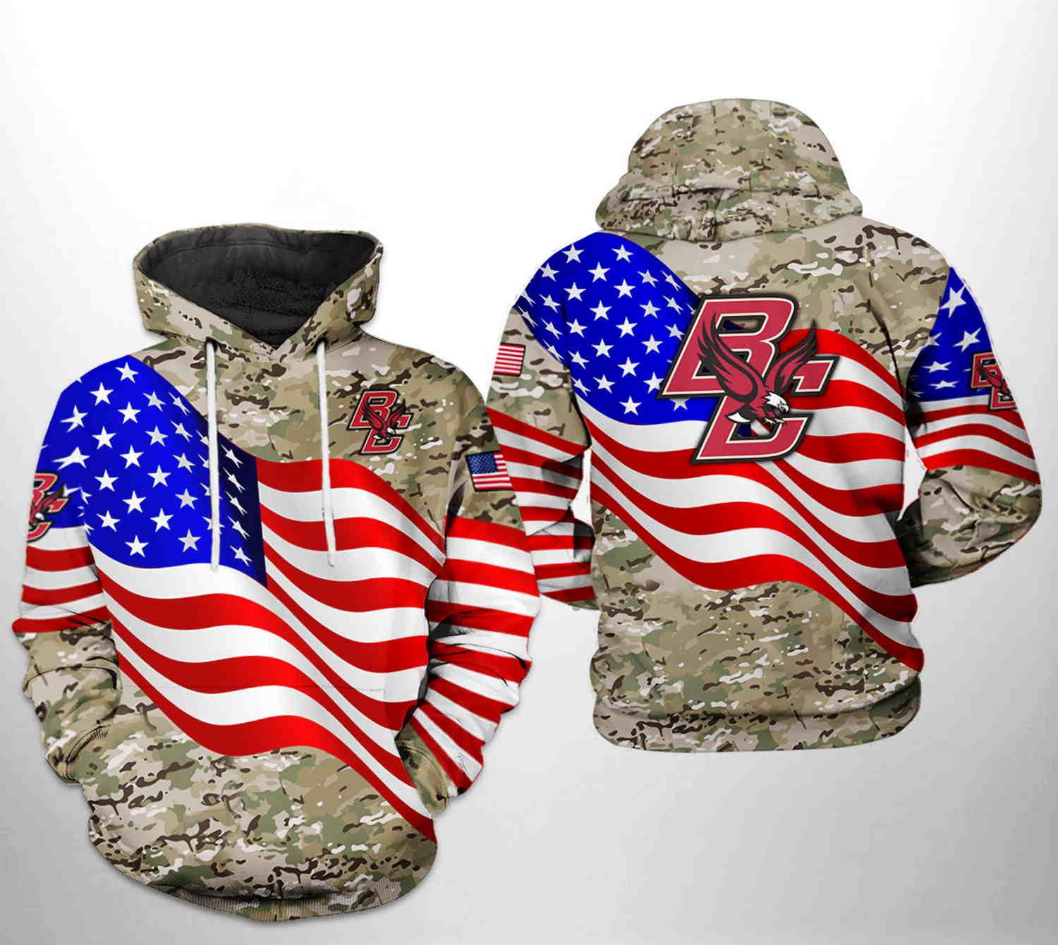 Boston College Eagles NCAA US Flag Camo Veteran 3D Hoodie Zipper Hoodie