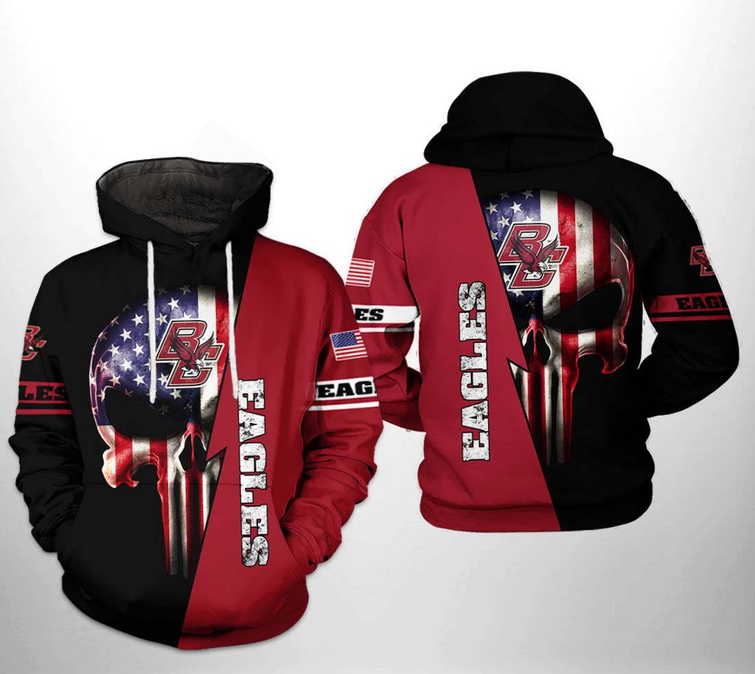 Boston College Eagles NCAA US Flag Skull 3D Hoodie Zipper Hoodie