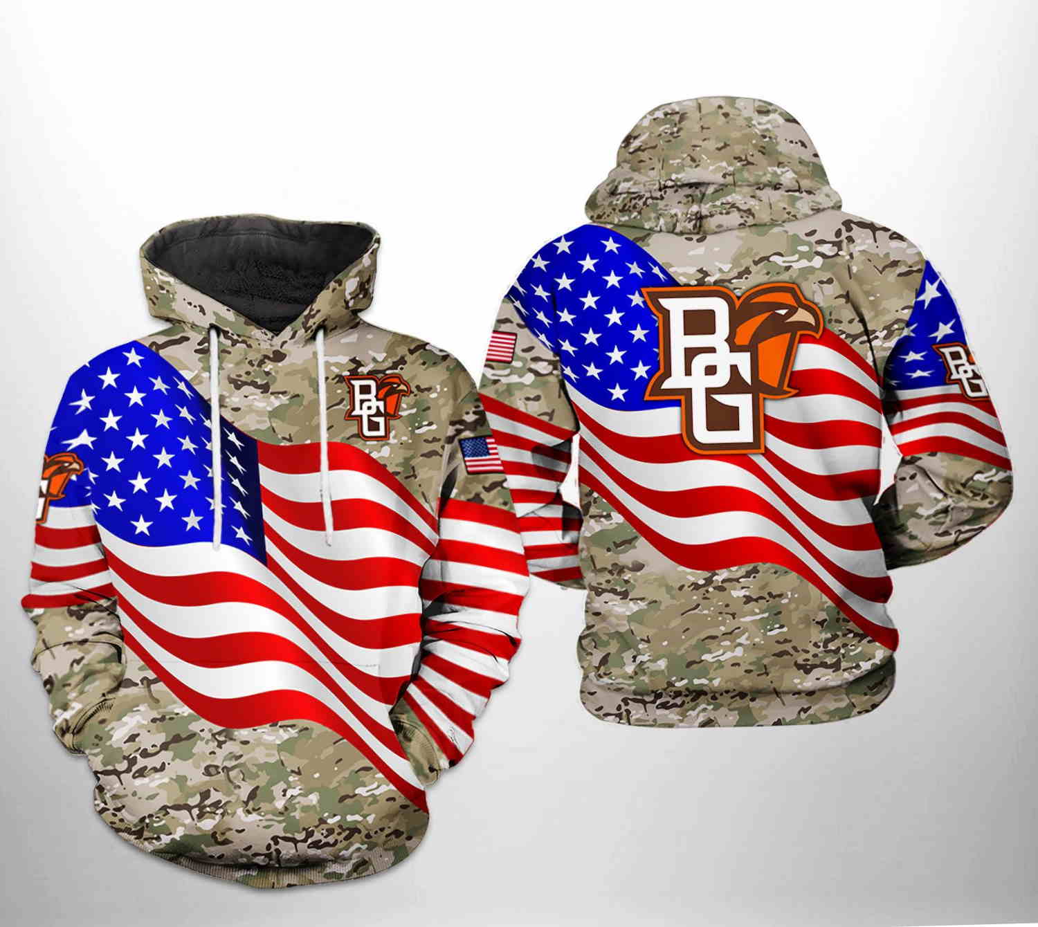 Bowling Green Falcons NCAA US Flag Camo Veteran 3D Hoodie