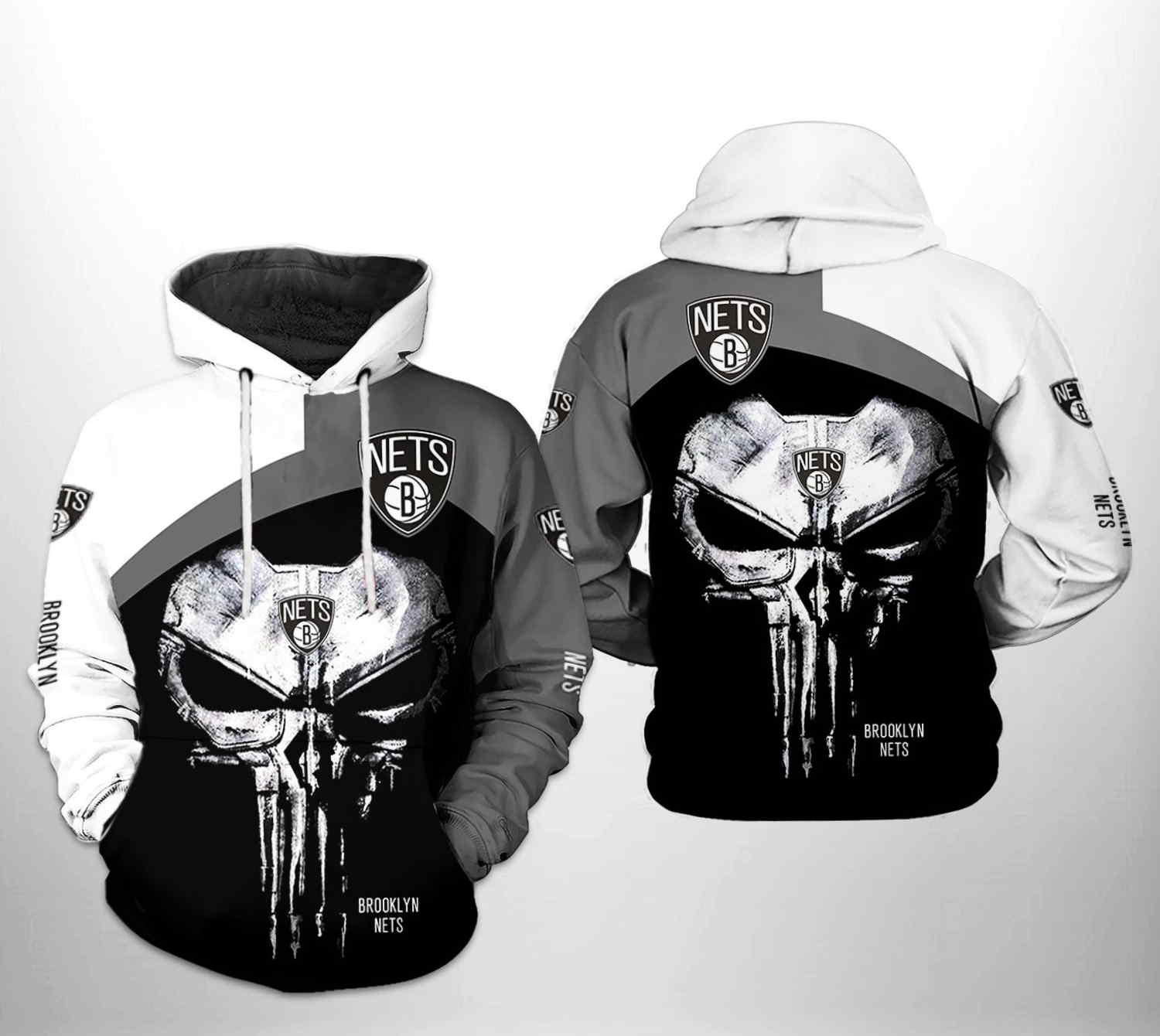 Brooklyn Nets NBA Skull Punisher Team 3D Hoodie