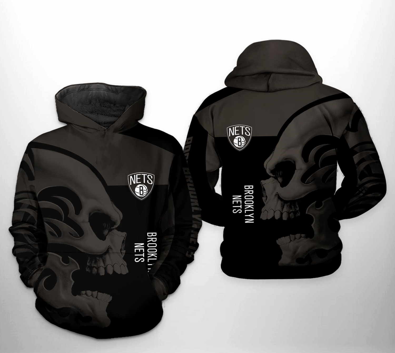 Brooklyn Nets NBA Skull Team 3D Hoodie