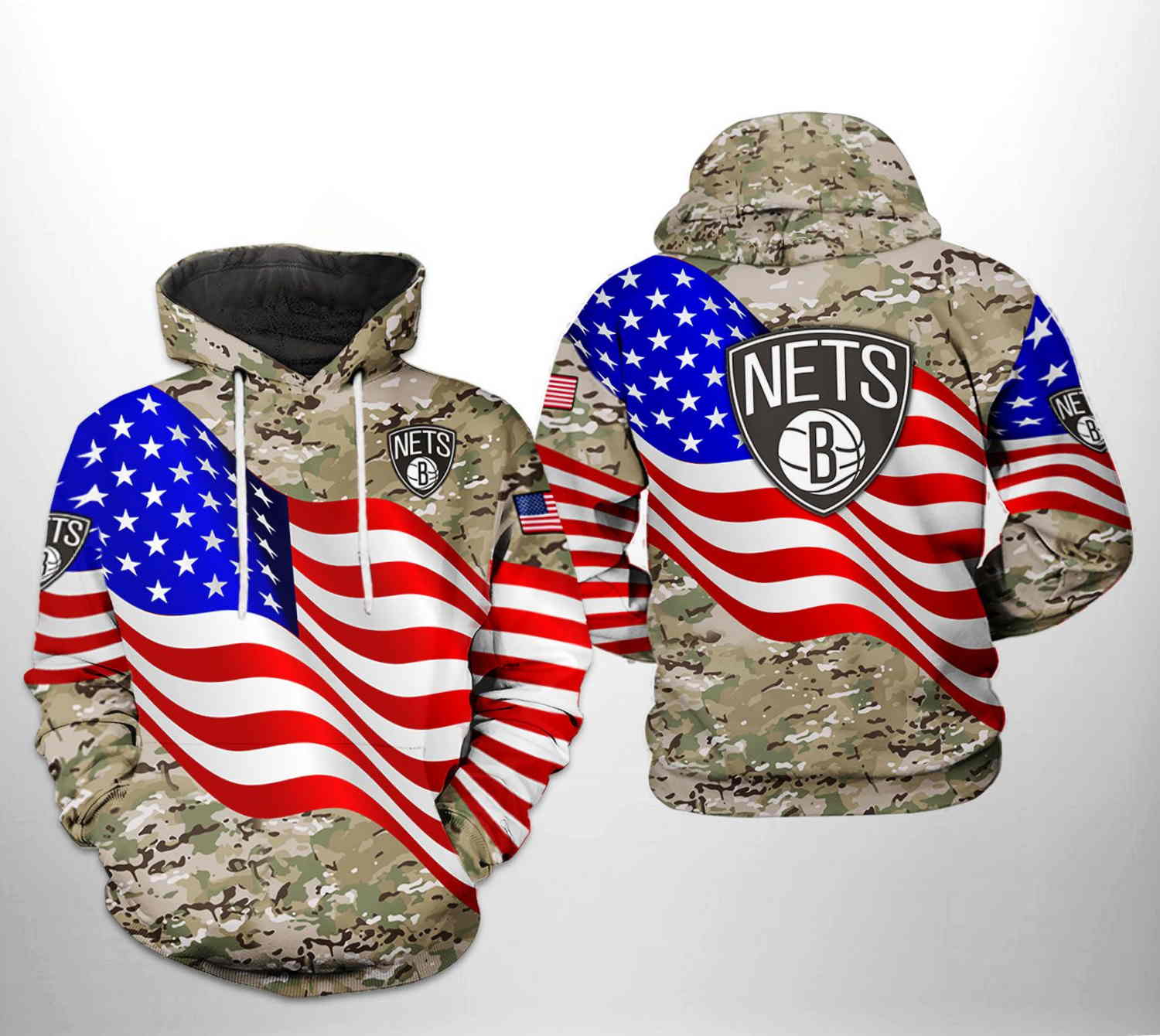 Brooklyn Nets NBA US Flag Camo Veteran Team 3D Hoodie