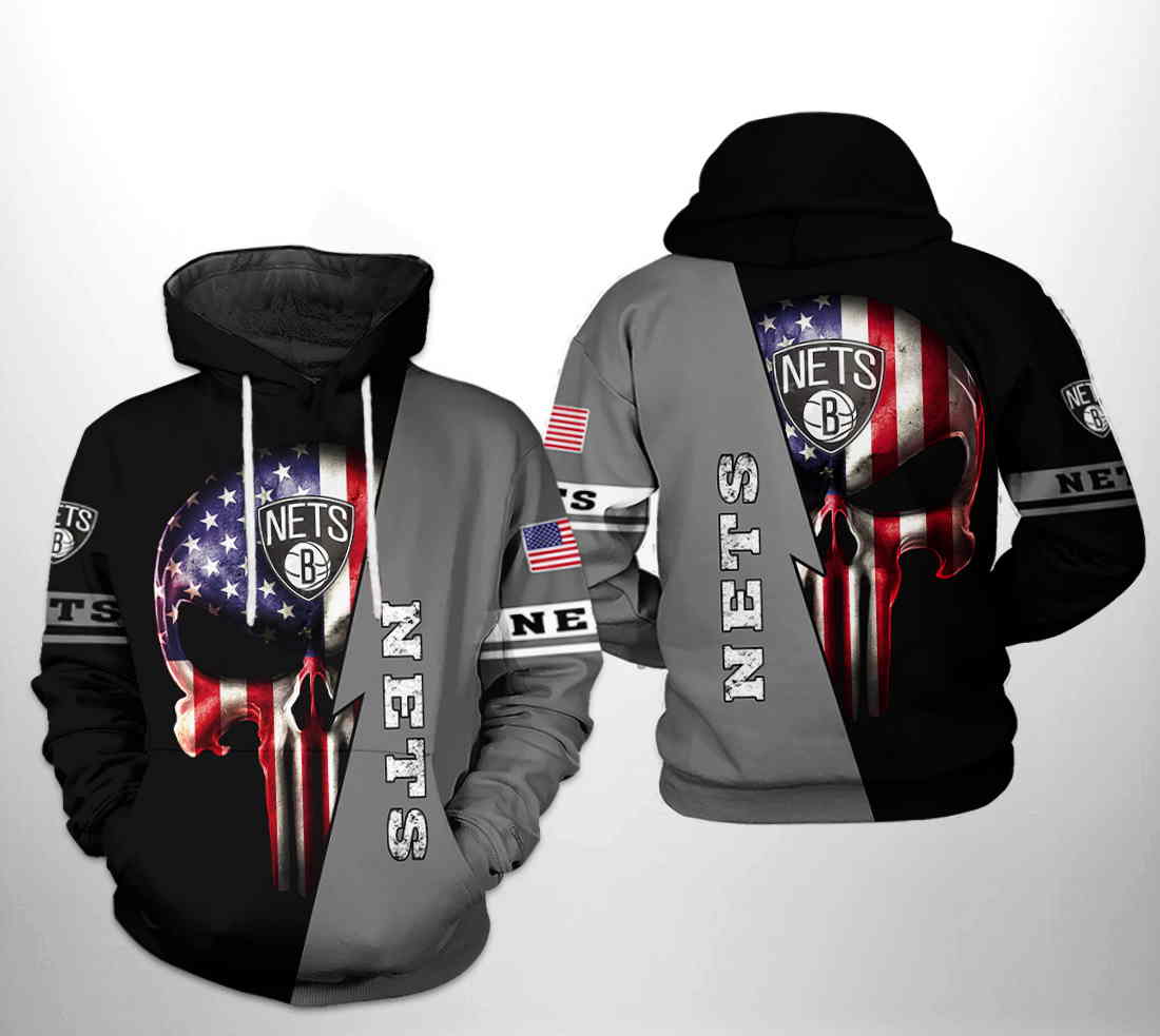 Brooklyn Nets NBA US Flag Skull Team 3D Hoodie