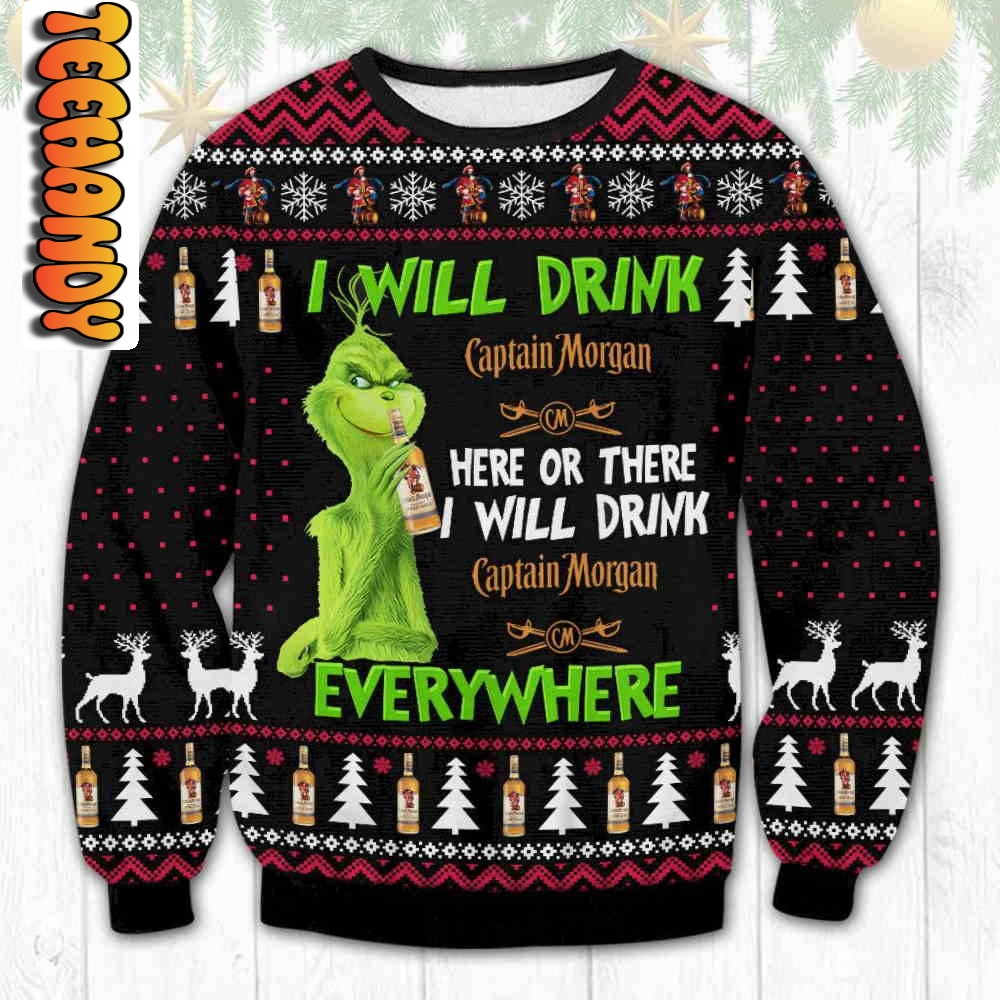 Captain Morgan Grinch Drink Everywhere Ugly Christmas Sweater