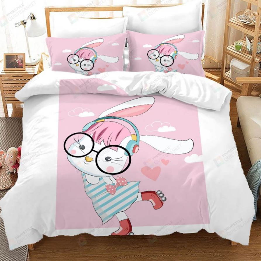 Cartoon Rabbit Pink 3D Bedding Set