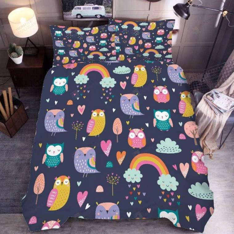 Cartoon Rainbow Owl 3D Bedding Set