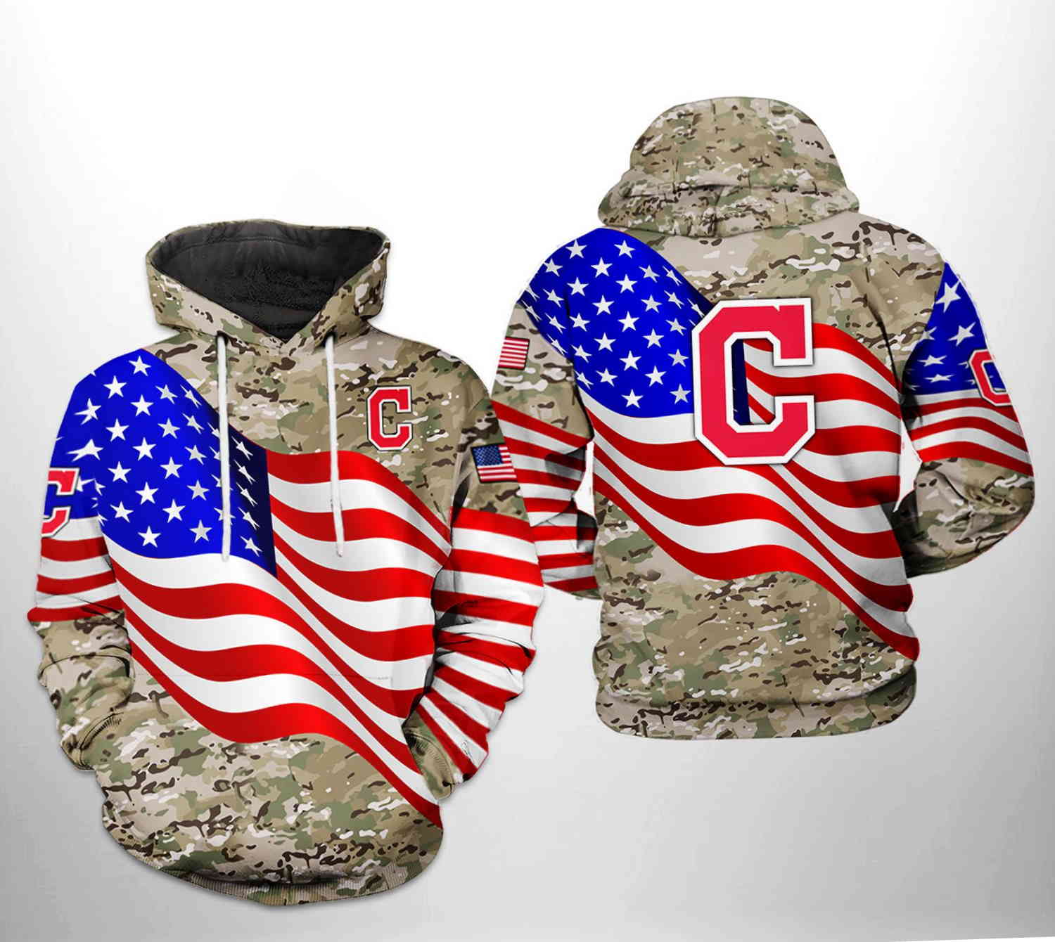 Cleveland Indians MLB US Flag Camo Veteran 3D Hoodie