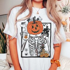 Comfort Colors Skeleton Pumpkin Shirt, Halloween Coffee T-Shirt