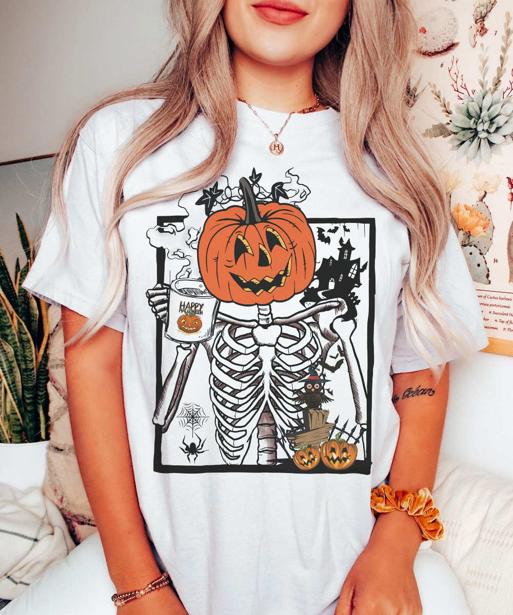 Comfort Colors Skeleton Pumpkin Shirt, Halloween Coffee T-Shirt