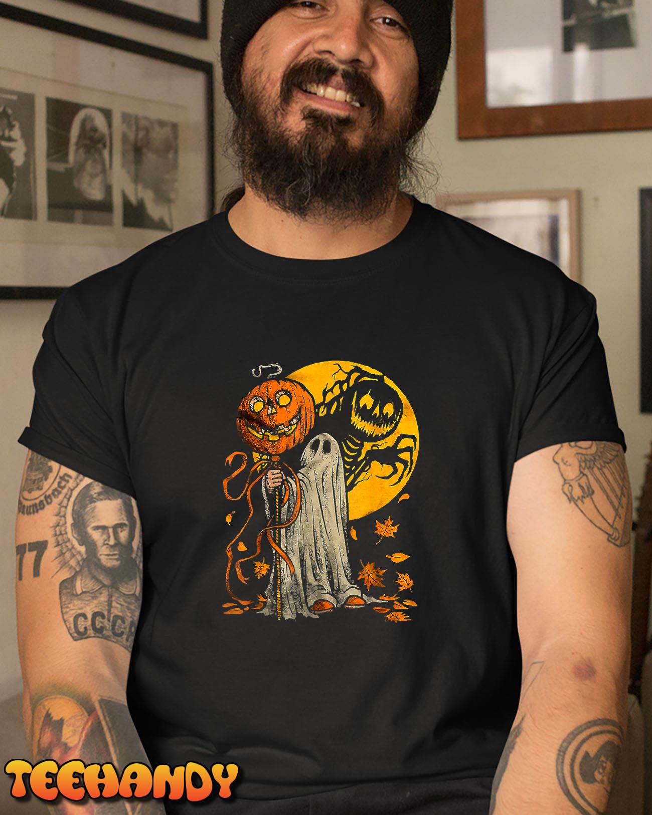 Cute Halloween Pumpkin Ghost Autumn Leaves Graphic Art T-Shirt