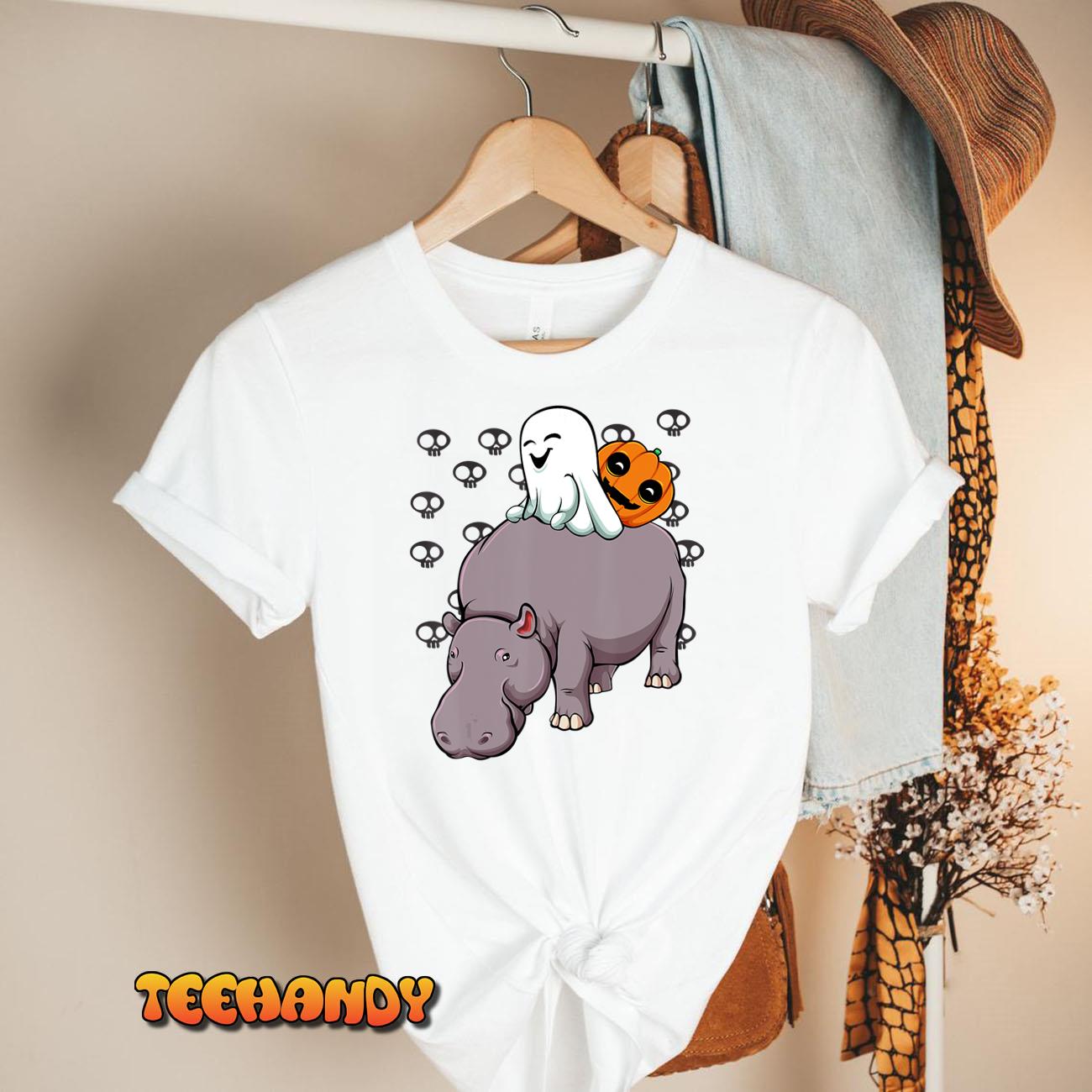 Ghost Riding Hippopotamus Lazy Halloween Costume Cute Hippo T-Shirt