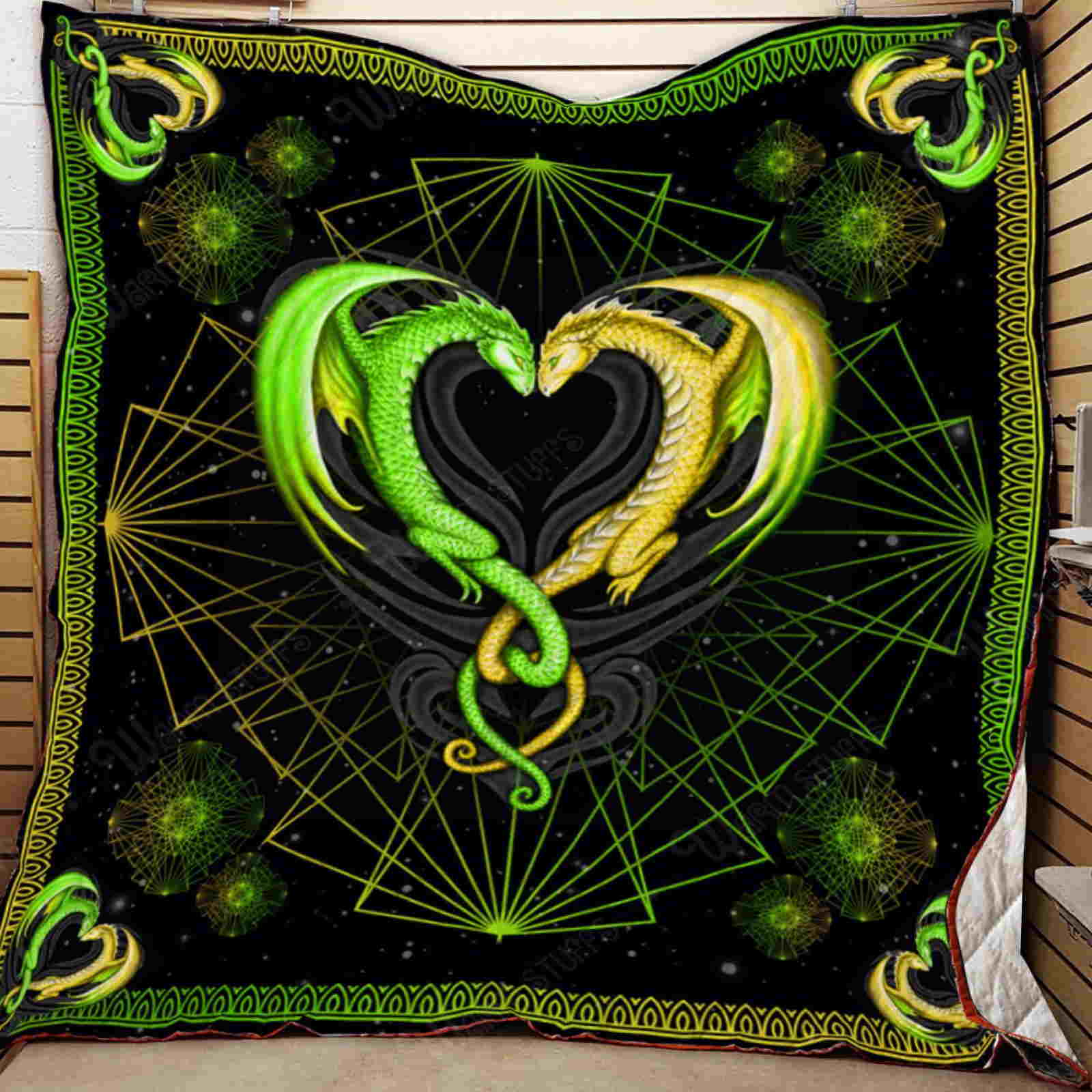 Green Dragon Couple 3D Quilt Blanket