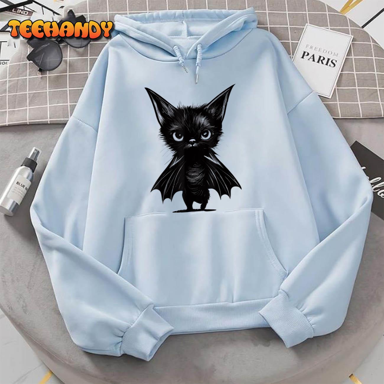 Halloween Grumpy Black Kitten In Bat Costume T-Shirt