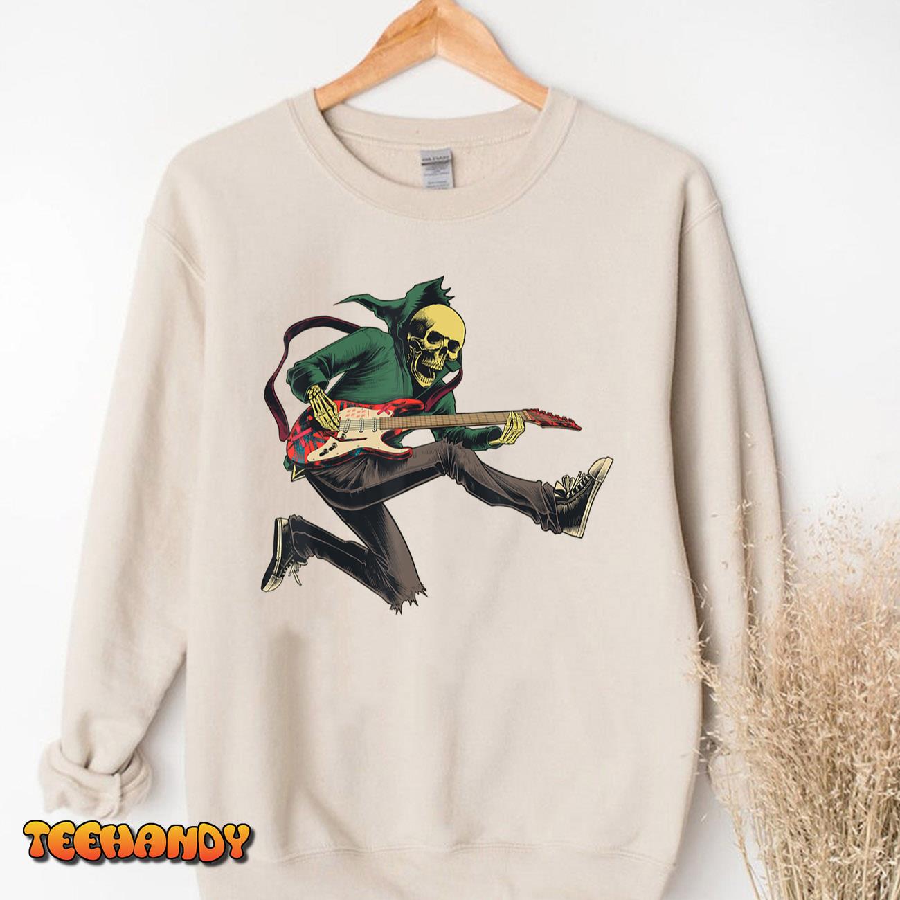 Happy Skeleton Guitar Guy Spooky Halloween Rock Band Concert T-Shirt