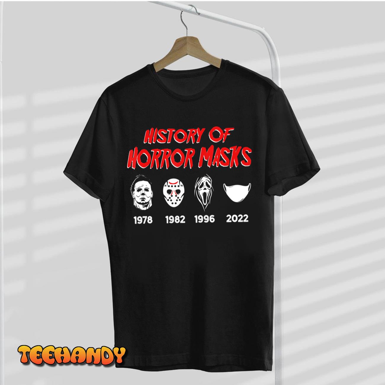 History Of Horror Masks Lazy Halloween Costume Face Mask T-Shirt
