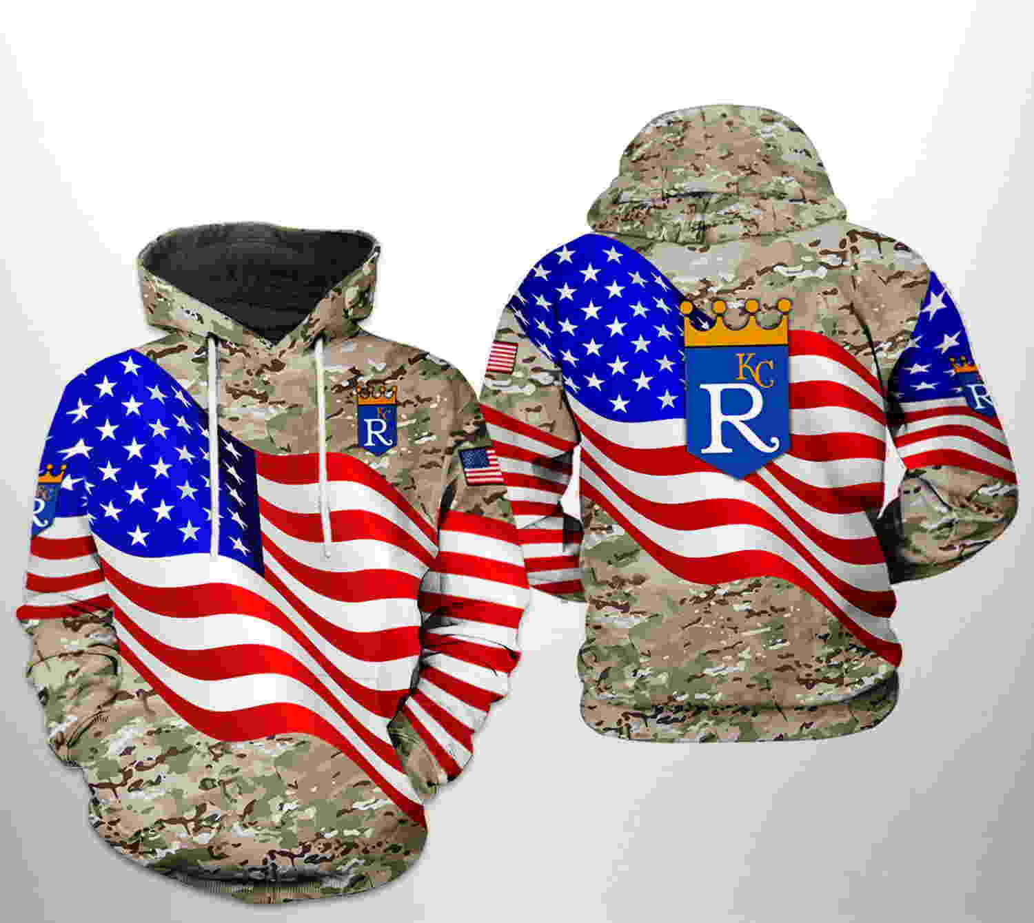 Kansas City Royals MLB US Flag Camo Veteran 3D Hoodie Zipper Hoodie