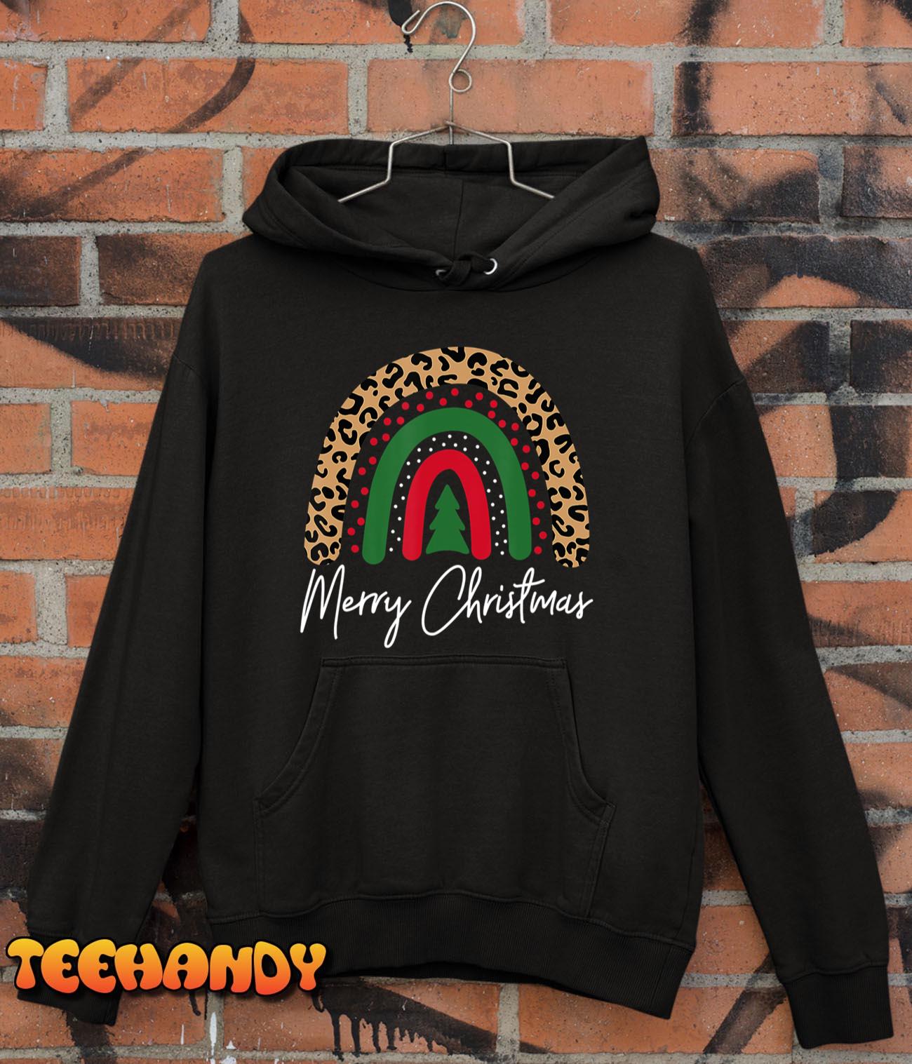 Merry Christmas Leopard Rainbow Pajamas Xmas Teacher Women T-Shirt