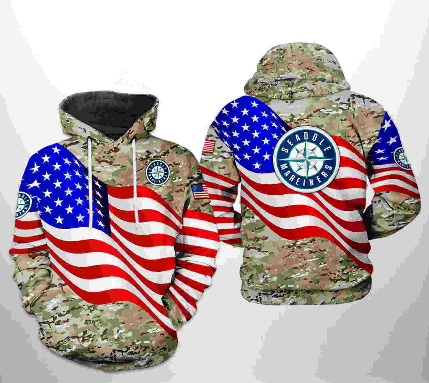 Seattle Mariners MLB US Flag Camo Veteran 3D Hoodie Zipper Hoodie